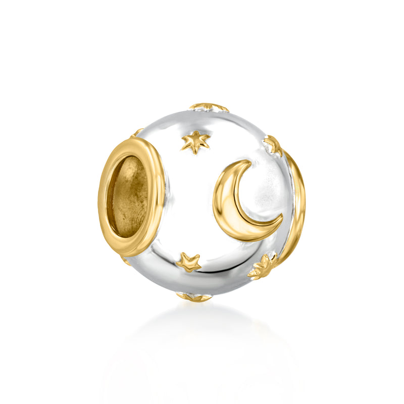 Round moon-and-star charm with gold star details on white enamel, open gold clasps