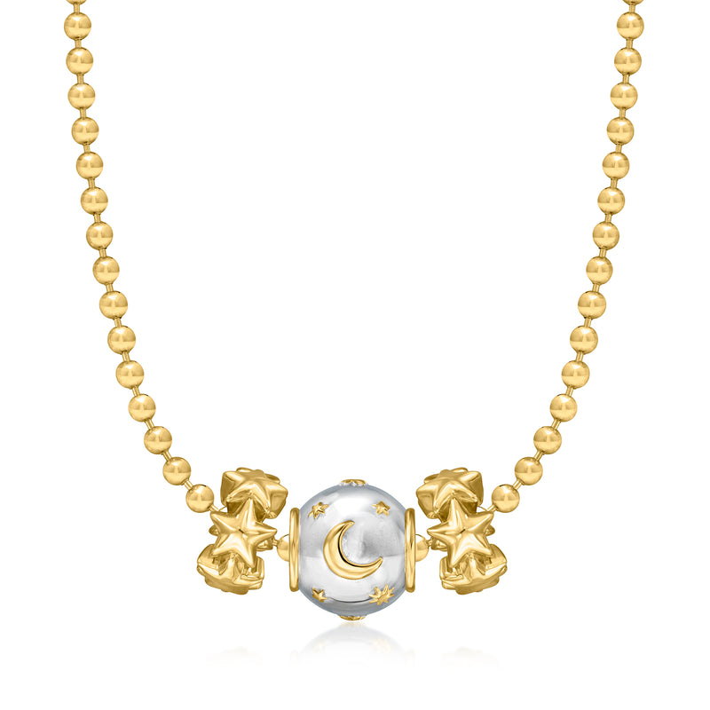 Beaded gold necklace with center moon-and-star charm flanked by gold star charms
