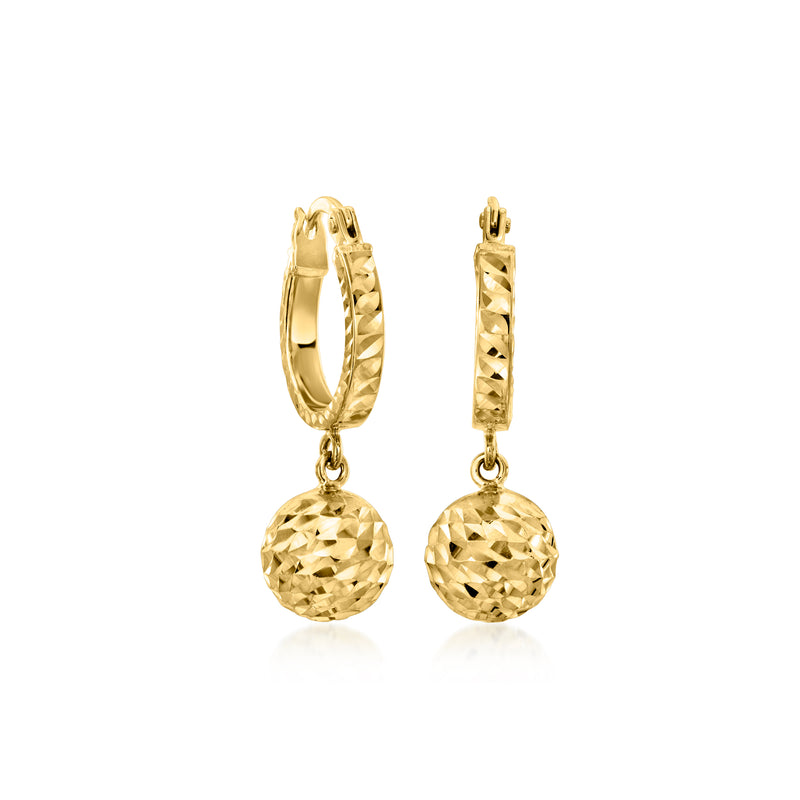 14kt yellow gold bead hoop drop earrings with textured round beads