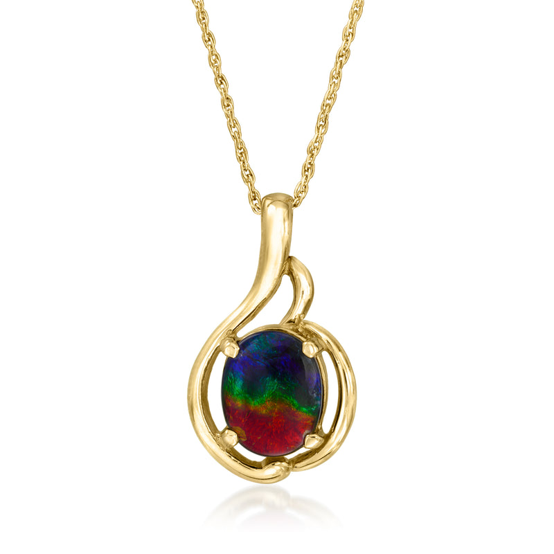 14kt yellow gold opal triplet pendant necklace with oval colorful black opal cabochon
