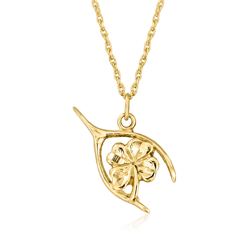 Vintage 14kt yellow gold wishbone and shamrock pendant necklace with gold chain