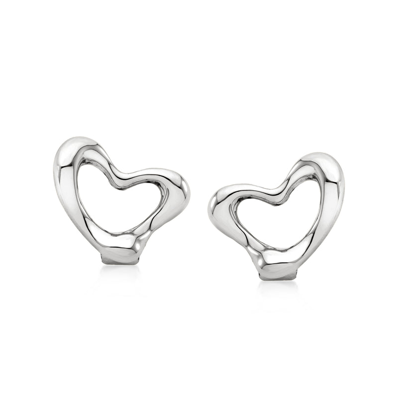 Sterling silver heart stud earrings with smooth open heart design, post style