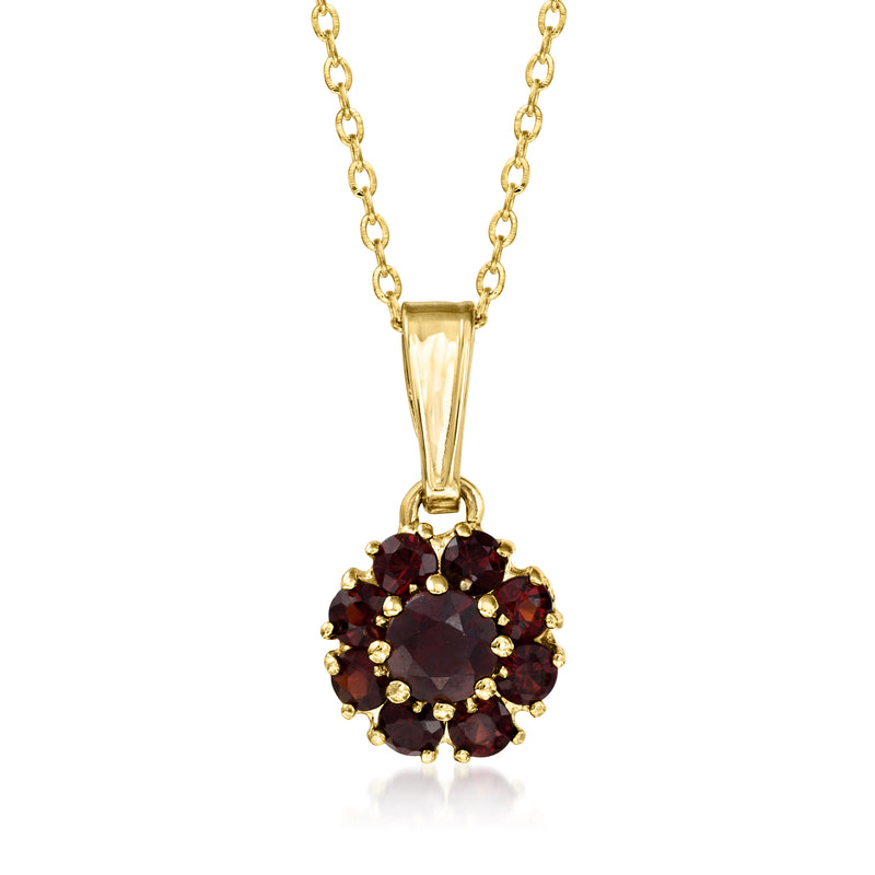 18kt yellow gold garnet flower pendant necklace with round red gemstone cluster