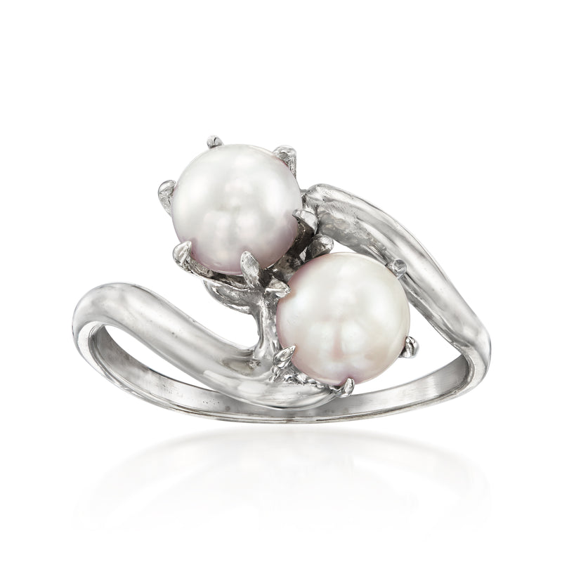 10kt white gold bypass ring with two cultured pearl settings