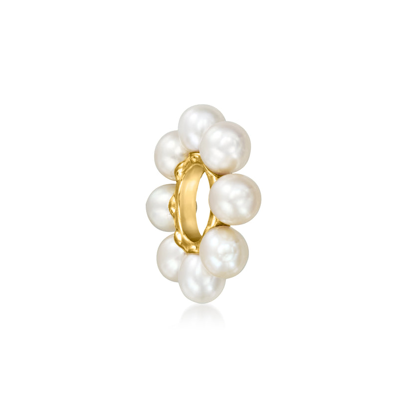 Three-white-pearl bead charm with gold clasp, shown from the side