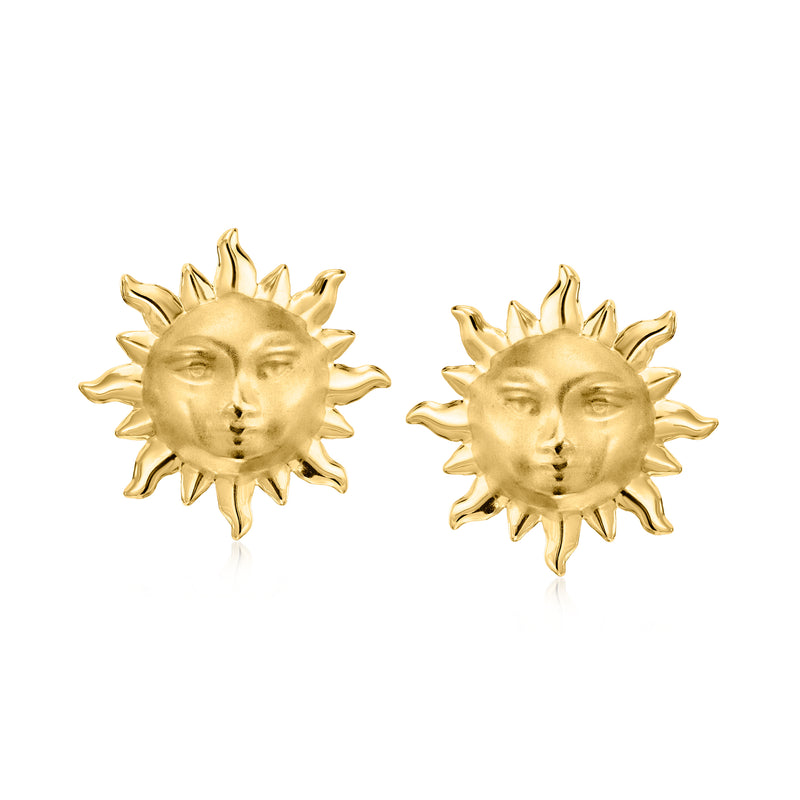 14kt yellow gold sun-face stud earrings, textured rays and domed face