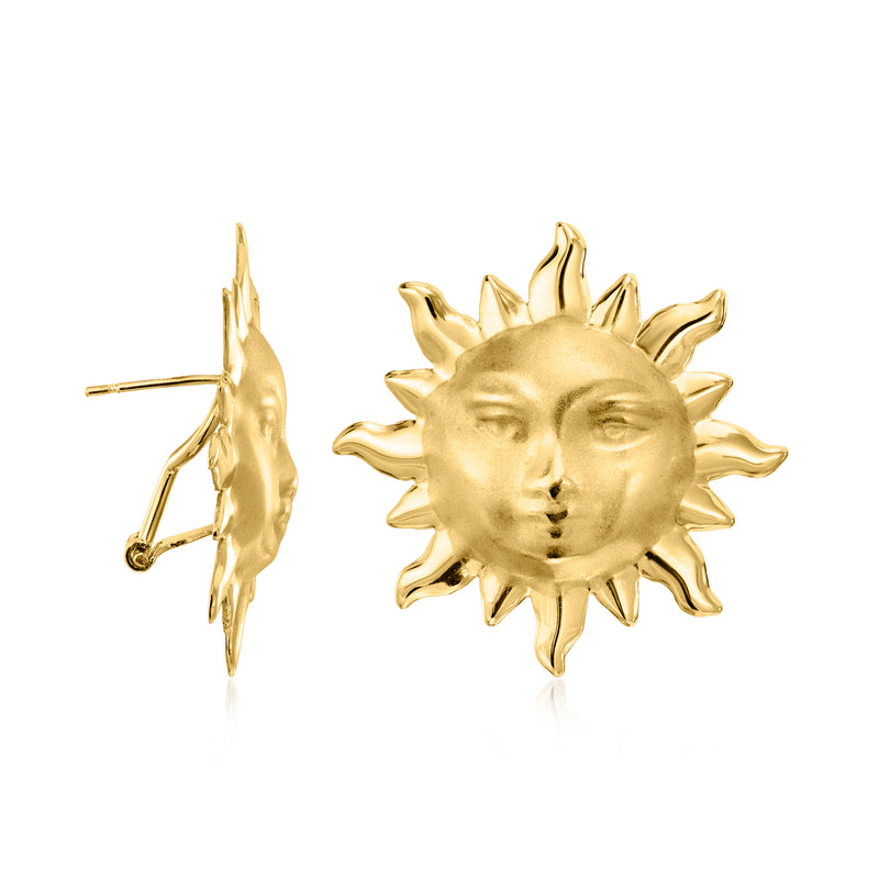 Yellow gold sun-face earrings, side view showing post/clip backing detail