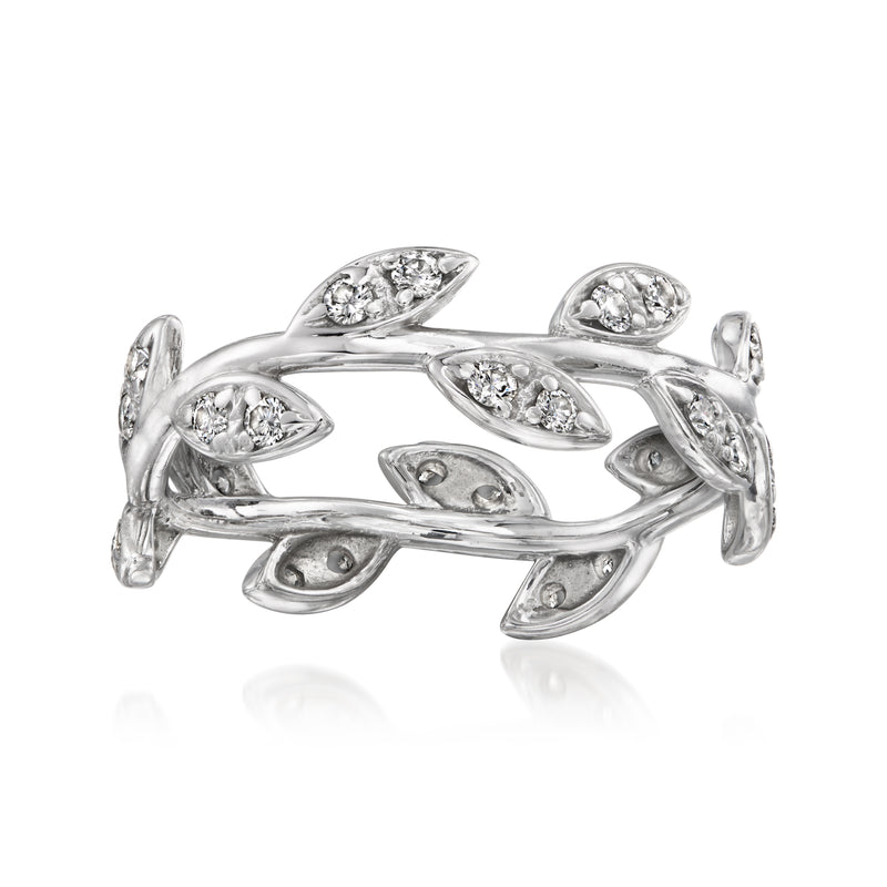 Diamond olive leaf ring in 18k white gold with oval-cut stones, vintage style