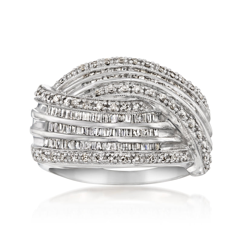 Crisscross diamond band ring in 14kt white gold with baguette and round accents