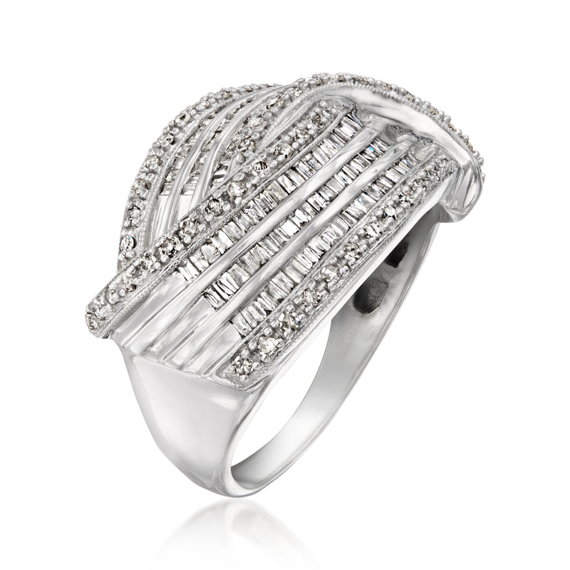Wide crisscross diamond ring, 14kt white gold, with channel-set baguette rows
