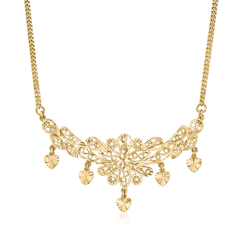 Vintage 22kt yellow gold fancy bib necklace with delicate filigree and dangling charms