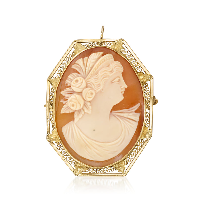 14kt yellow gold cameo pin with oval brown shell portrait in ornate bezel frame