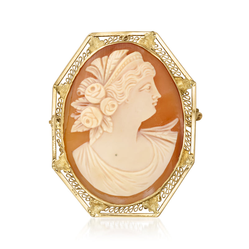 14kt yellow gold cameo pendant/pin with brown shell oval portrait and engraved border