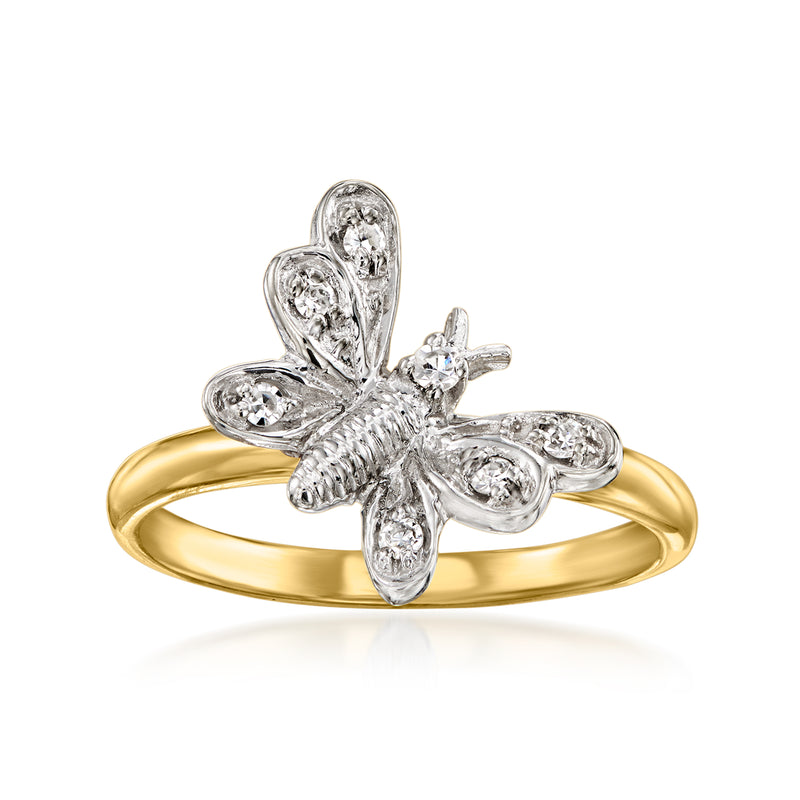 Two-tone gold butterfly ring with diamond-style stones, raised butterfly design