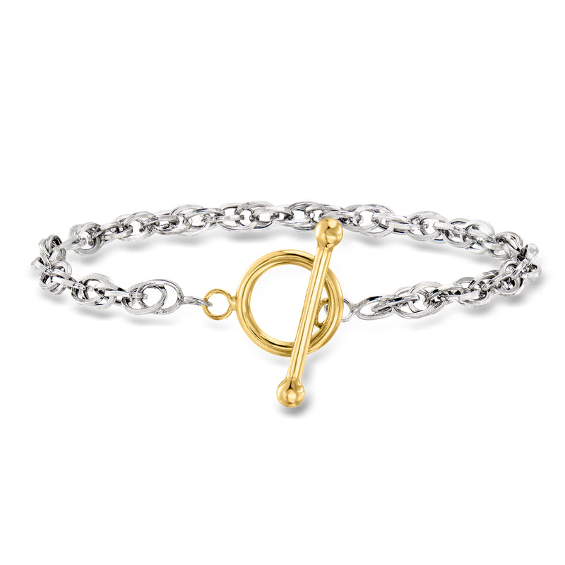 Two-tone toggle bracelet with silver chain and 18kt gold over silver clasp