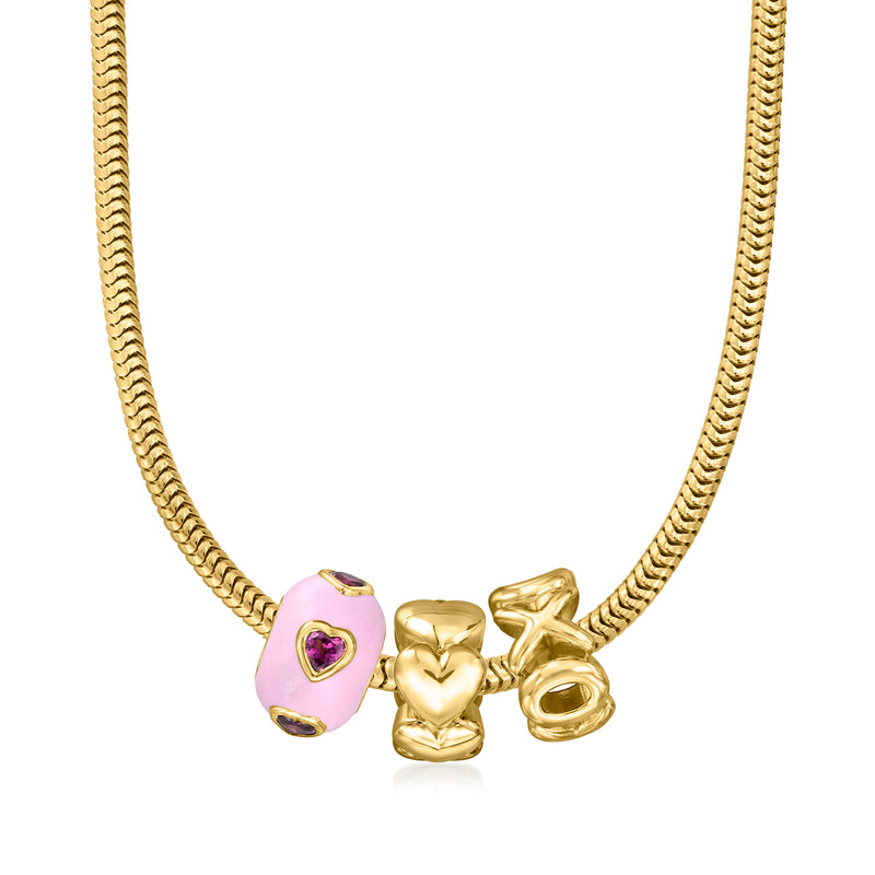 Heart bead charm on gold chain with pink heart bead and purple inlay