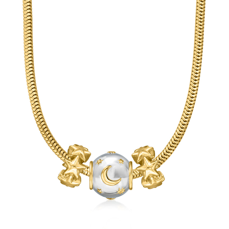 Gold chain necklace with moon-and-star center bead and two gold star charms