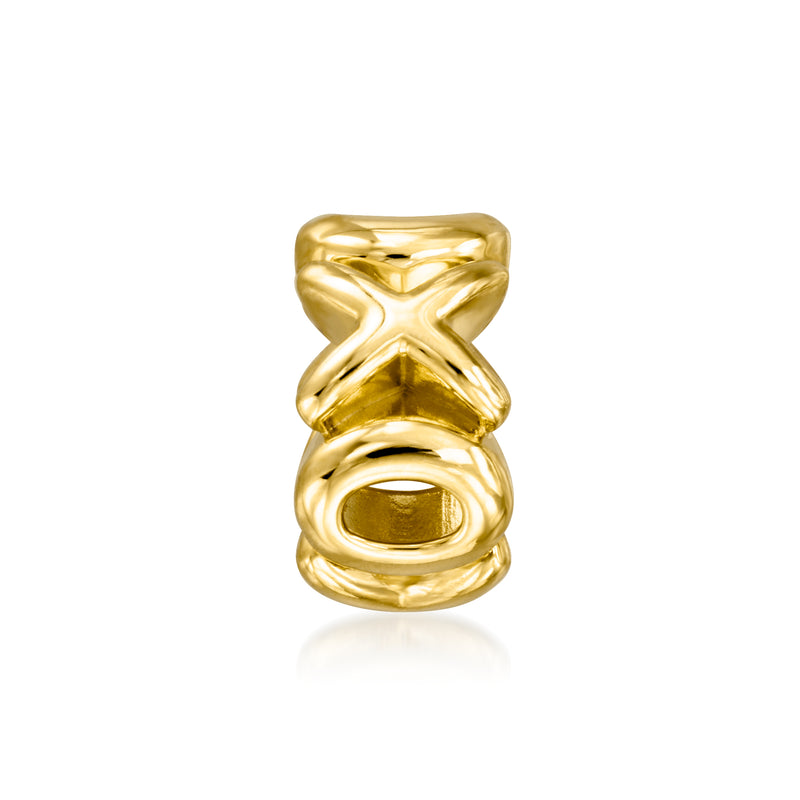 18kt gold over sterling XO bead charm, polished X and O motif with loop bail