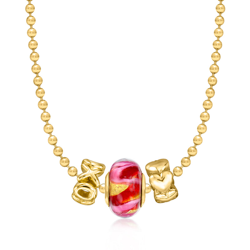 Gold ball chain necklace with XO charm centerpiece and pink glass bead