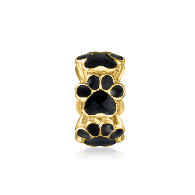 Enamel paw print bead charm, gold-tone with black paw detail and loop top.