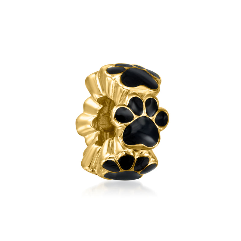 Enamel paw print bead charm with black paw enamel and gold-tone setting.
