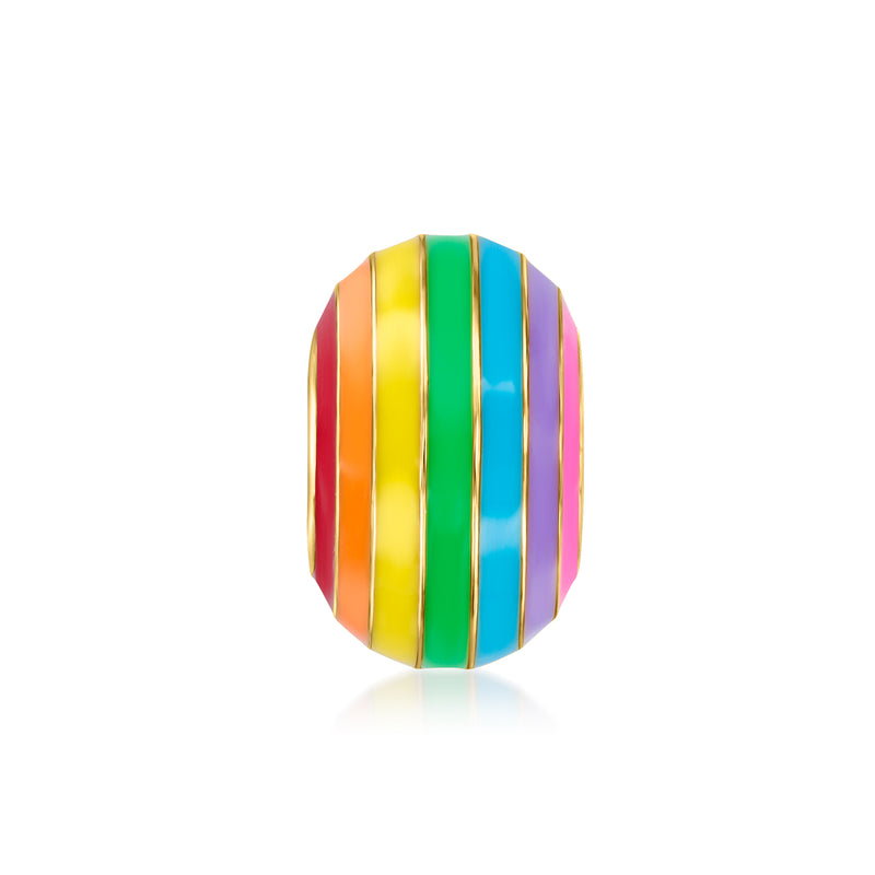 Rainbow striped enamel bead charm with gold-tone ring, multicolor vertical bands