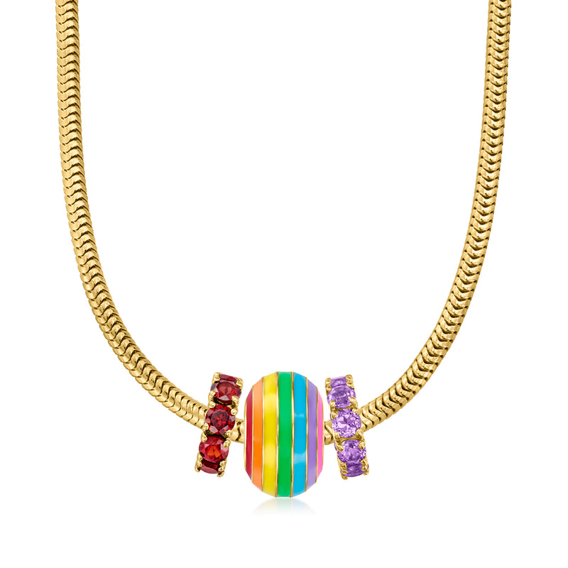 Gold chain necklace with rainbow enamel bead charm and red and purple crystal accents