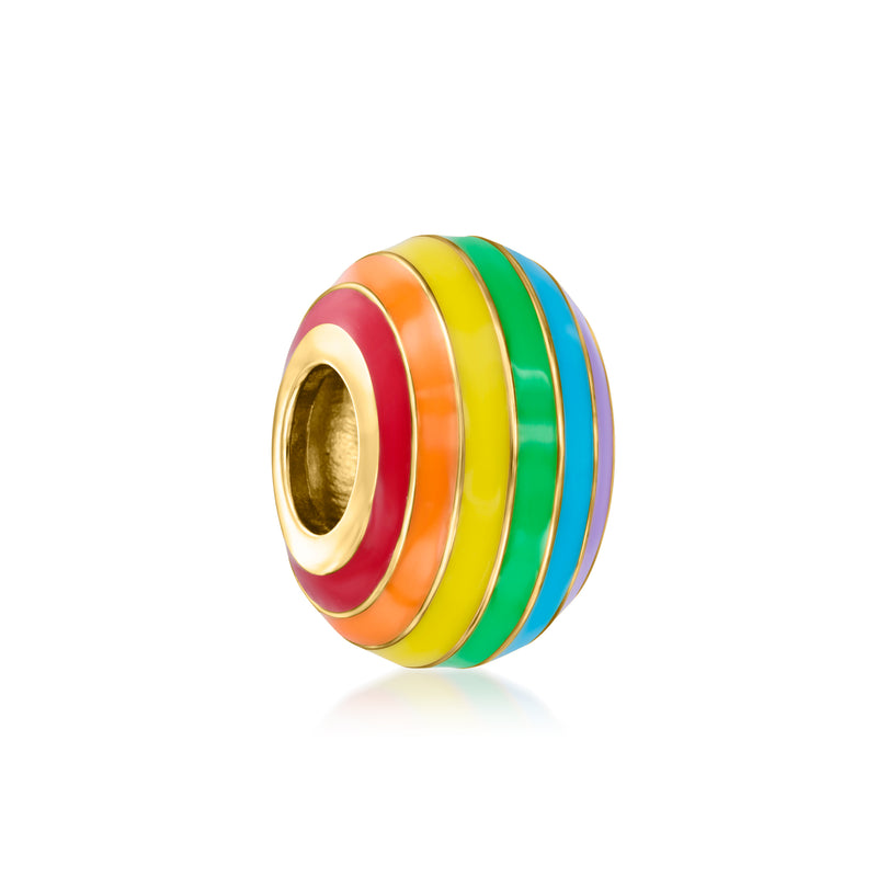 Rainbow striped enamel bead charm with gold-tone inner hole and multicolor bands