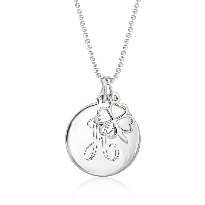 Sterling silver personalized disc necklace with clover charm pendant and bead chain