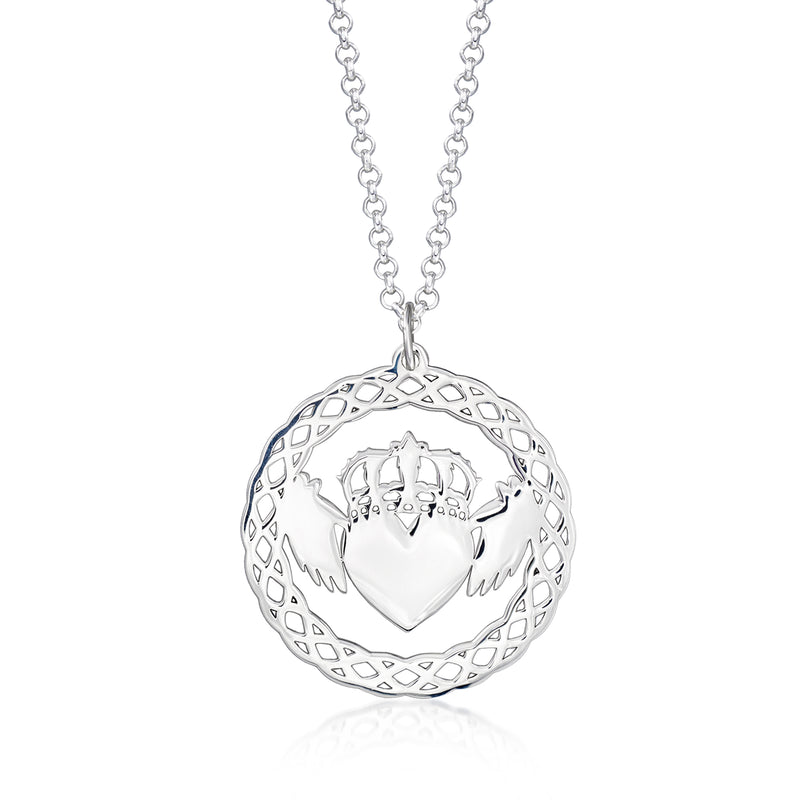 Sterling silver claddagh pendant necklace with round heart-and-hands charm on chain