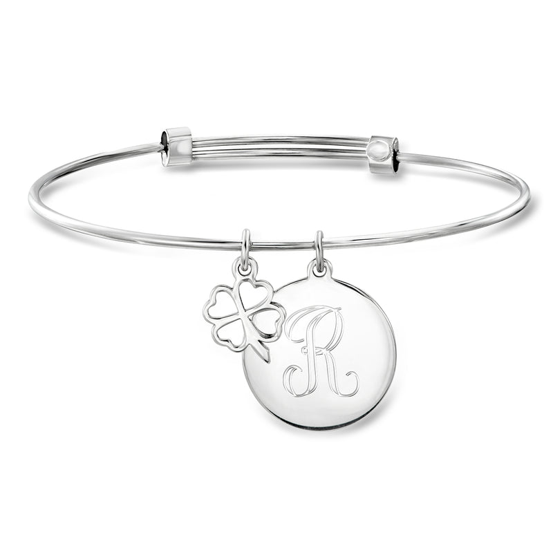 Sterling silver bangle bracelet with round personalized disc and clover charm