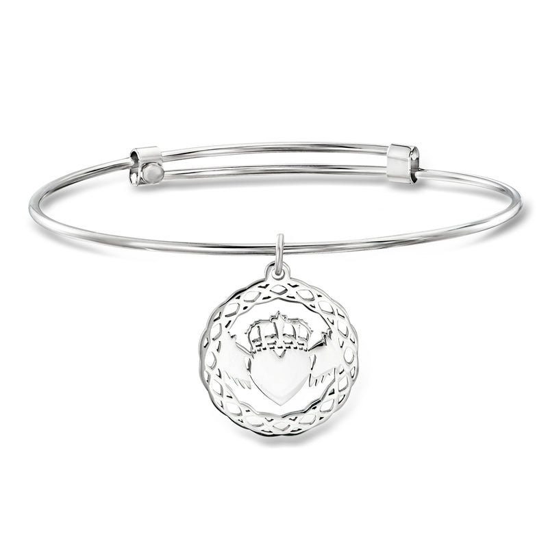 Sterling silver claddagh bangle bracelet with round charm and open cuff clasp
