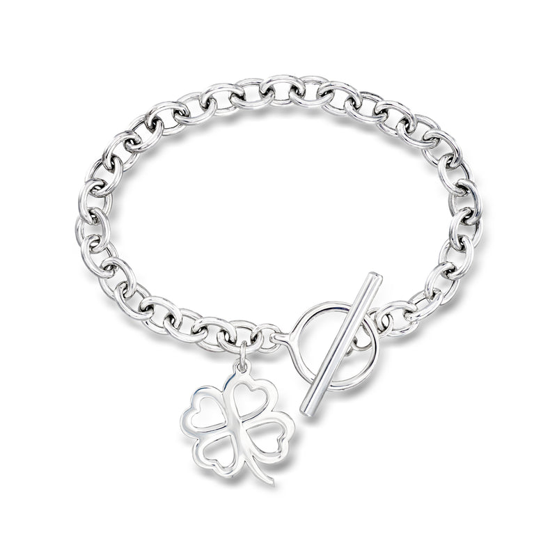 Sterling silver clover charm bracelet with toggle clasp and blue enamel center