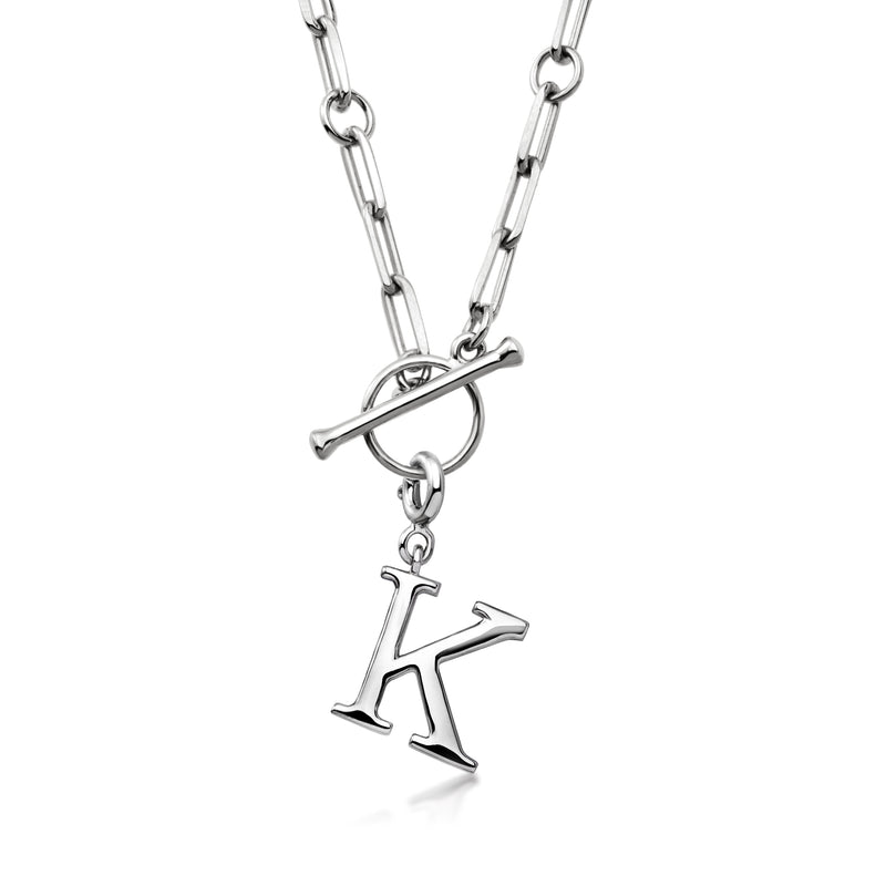 Sterling silver initial charm K with open links and round clasp