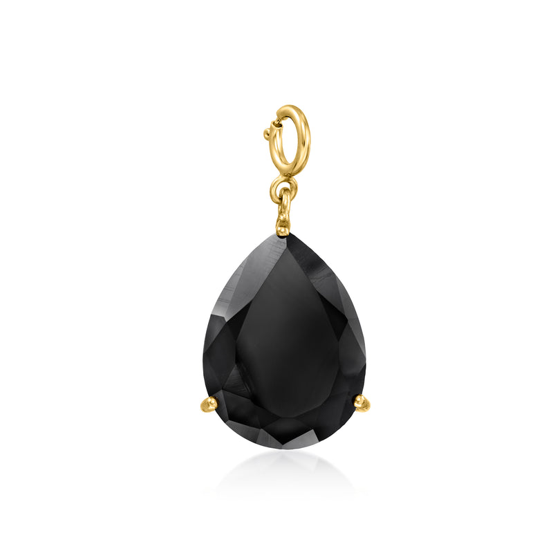 Faceted pear-shaped black onyx charm with gold loop bail.