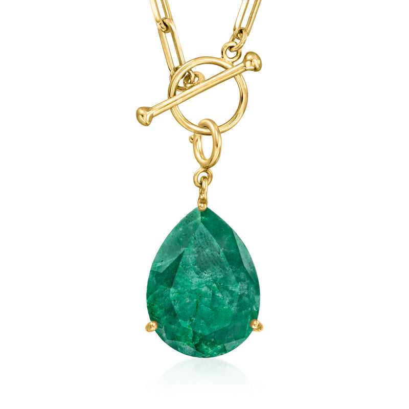 Green pear-shaped emerald drop charm on gold chain with open ring bail
