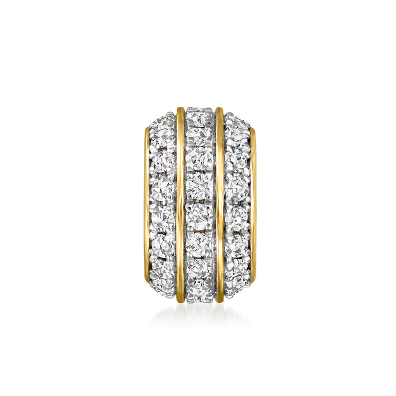 Three-row diamond bead charm in gold over sterling, round hoops with sparkle stones, side view