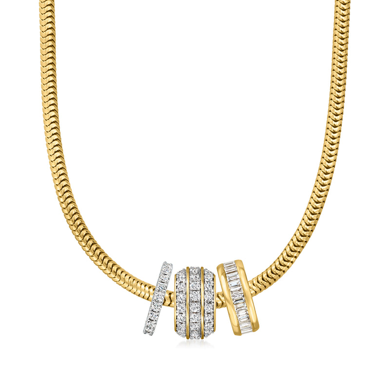 Three-row diamond bead charm on a gold chain, three stone bands with gold outer edging