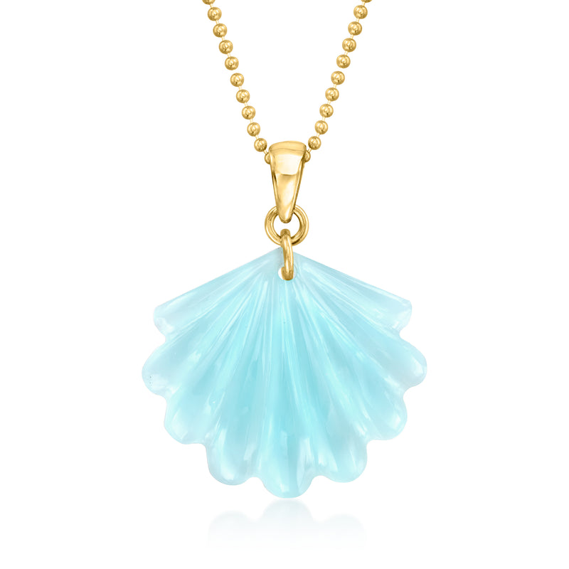 Gold-tone necklace with blue seashell pendant, short drop chain