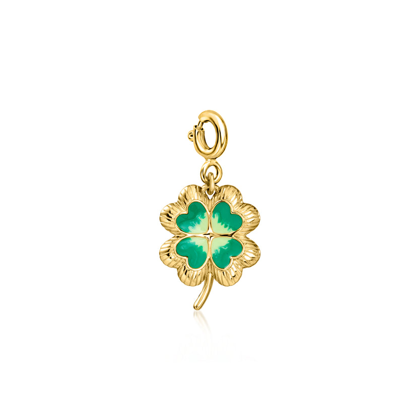 Gold clover charm with green enamel four-leaf design and top loop bail