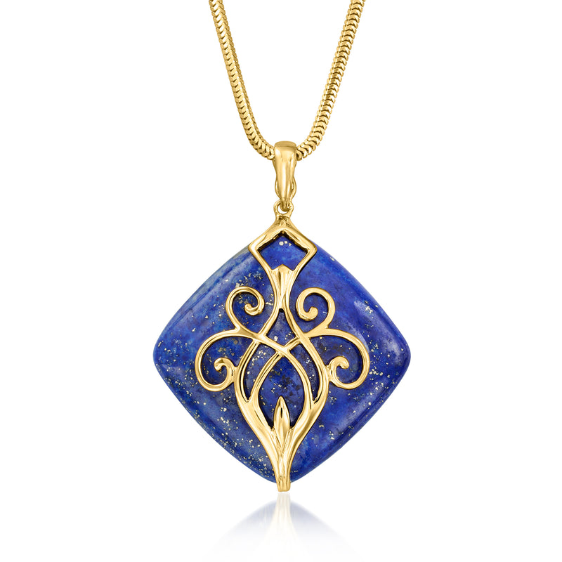 14kt yellow gold lapis blue scroll pendant on chain with square gemstone