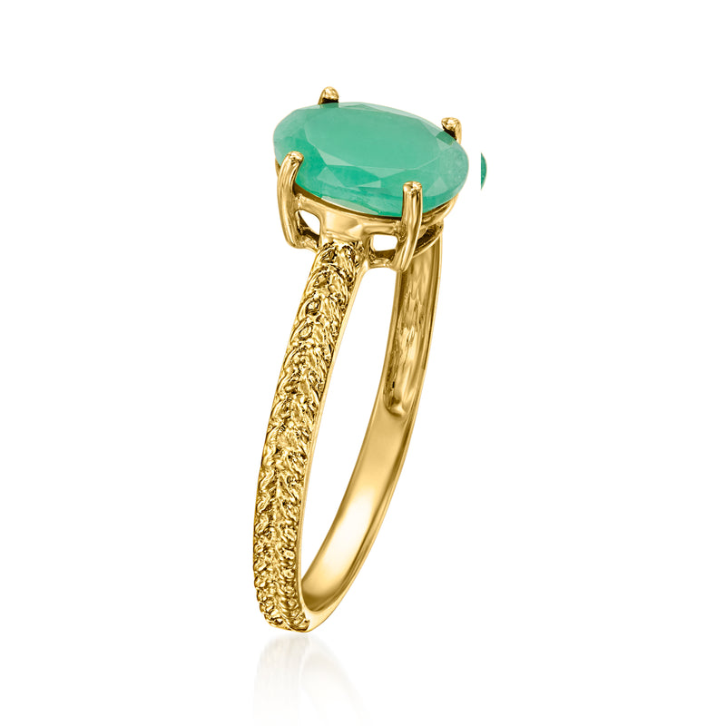 10kt yellow gold ring with prong-set oval green gemstone and textured band