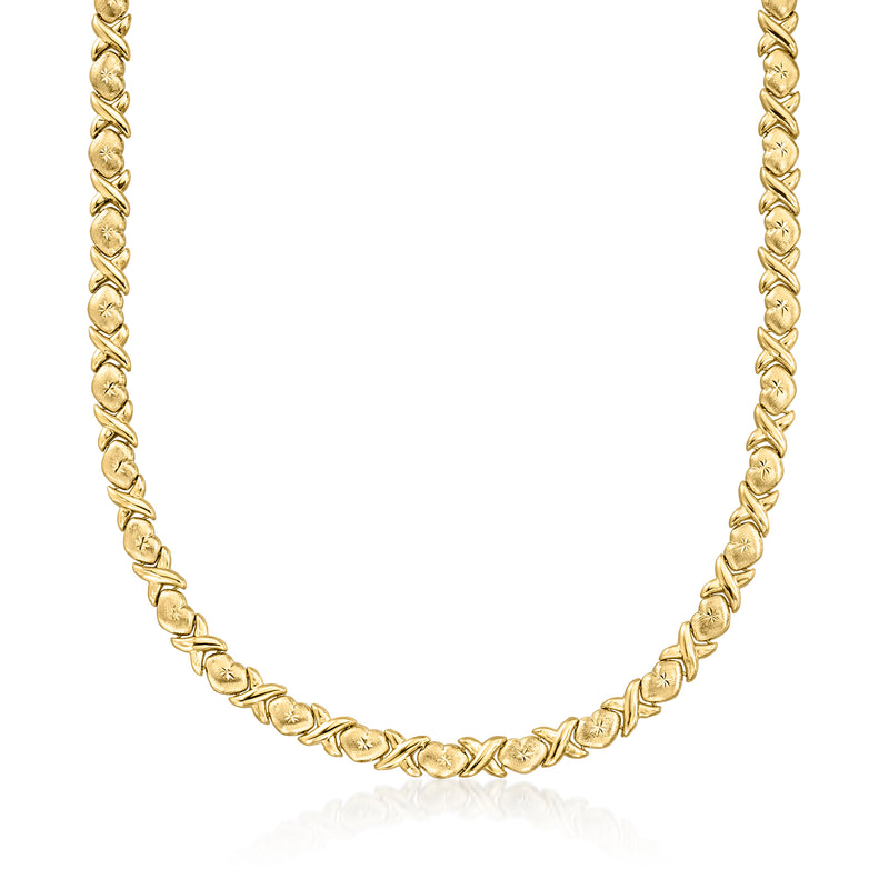 14kt yellow gold XO heart necklace with linked chain, heart charm at center