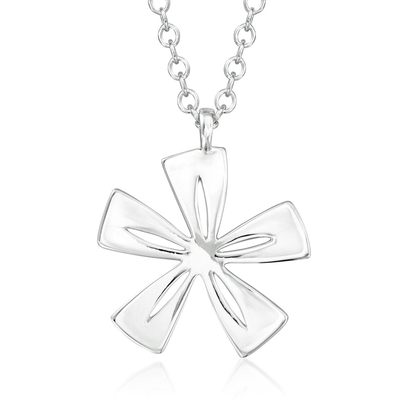 Sterling silver tiki flower pendant necklace with five-petal bow-like charm