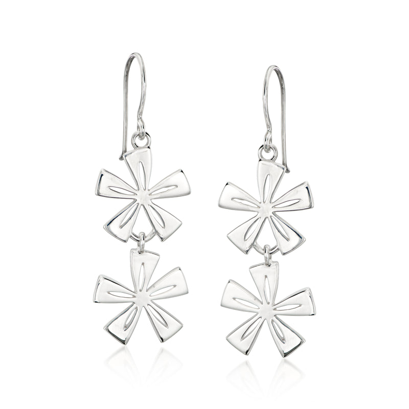 Sterling silver tiki flower drop earrings, earwire with two flower charms.