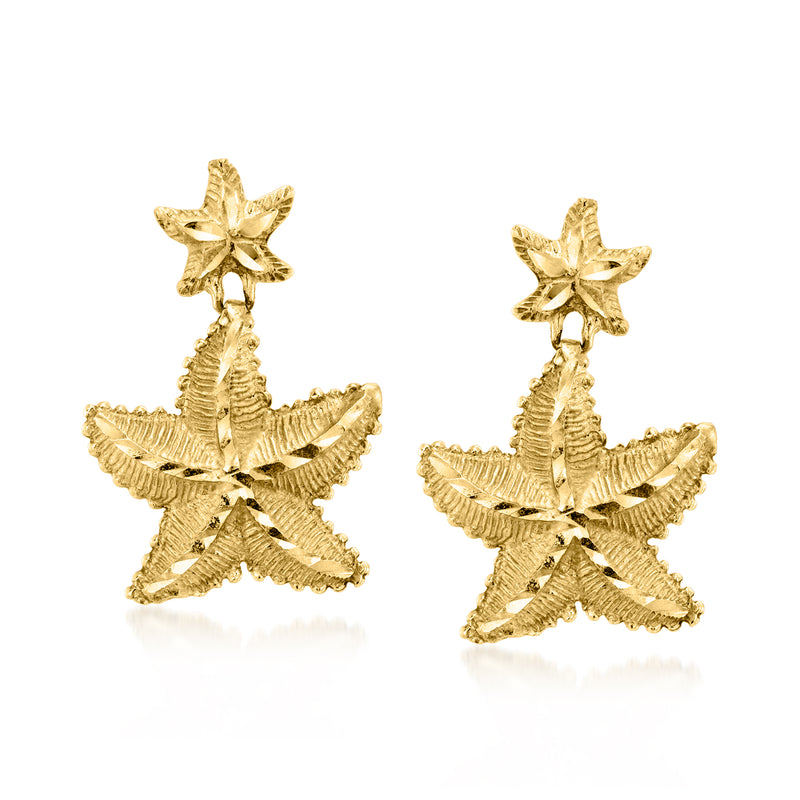 Textured gold starfish drop earrings with layered starfish and stem