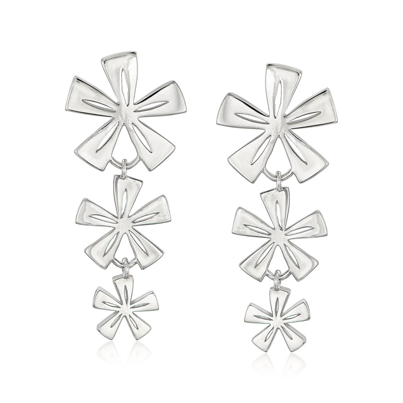 Zina sterling silver tiki flower drop earrings, three graduated flower drops