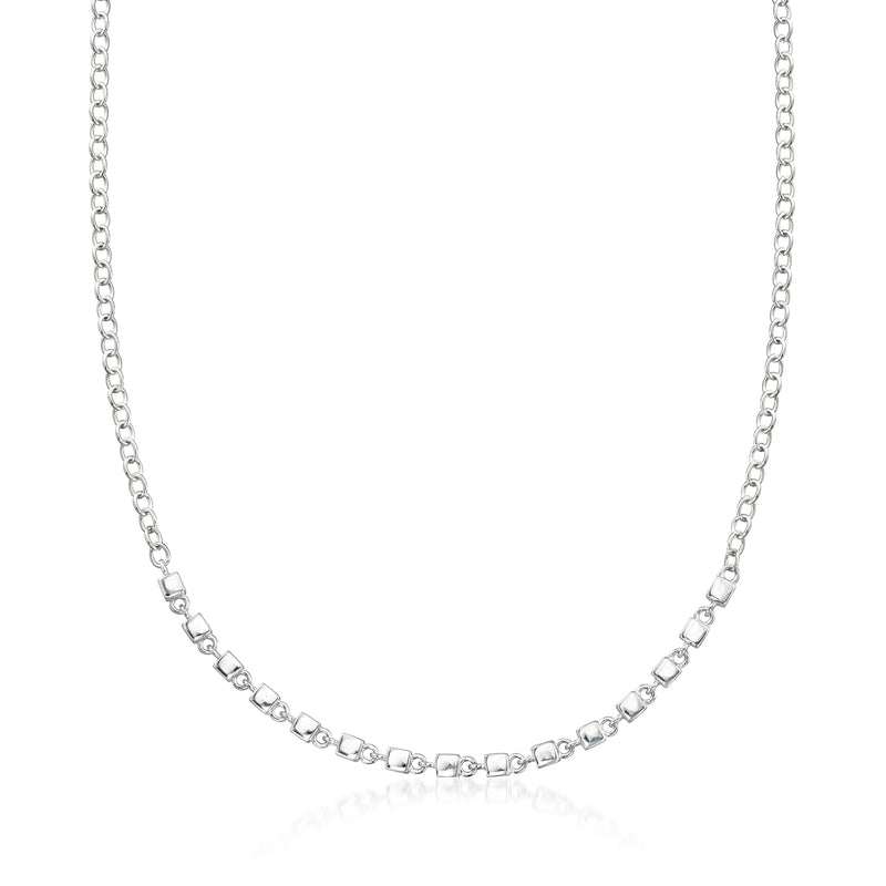 Sterling silver cube-link necklace with small square links, close-set chain.