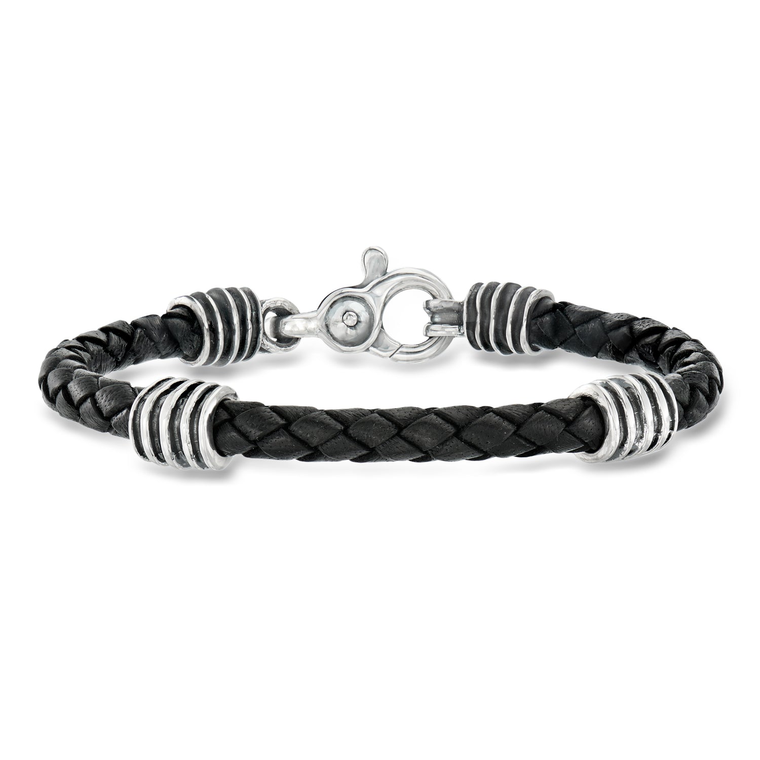 Zina Sterling Silver Men's Braided Black Leather Bracelet