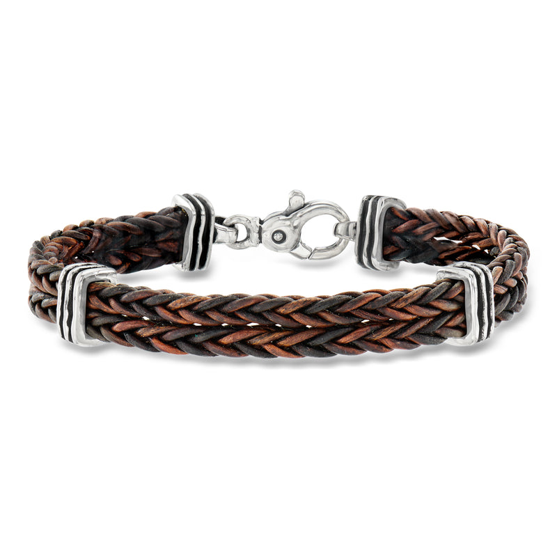 Braided brown leather men's bracelet with sterling silver clasp and end accents